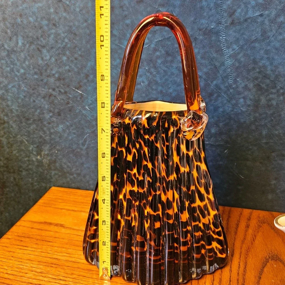 Vintage Art Glass Tortoiseshell Purse Vase Amber Brown Leopard Print Hand Blown